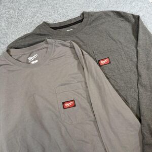 Milwaukee Shirt Lot 2 Mens Large Gray Brown Long Sleeve Pocket Workwear Tee